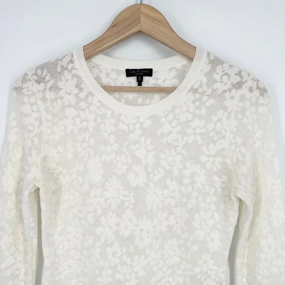 Rag & Bone Perry Lace Top Long Sleeve Semi Sheer Floral Jacquard Sweater White - Picture 8 of 16